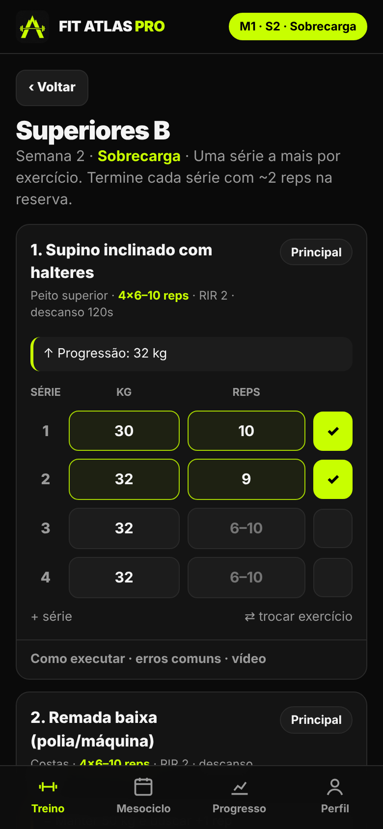 Tela de treino com séries, cargas e repetições